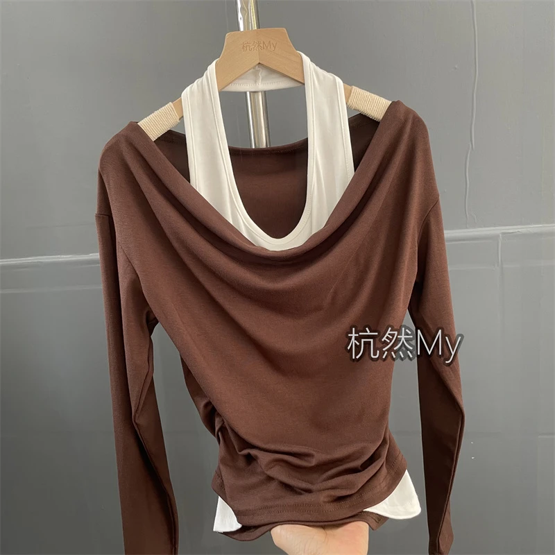 2025秋季新款假两件挂脖长袖T恤女春甜辣妹掐腰斜肩露肩拼接上衣