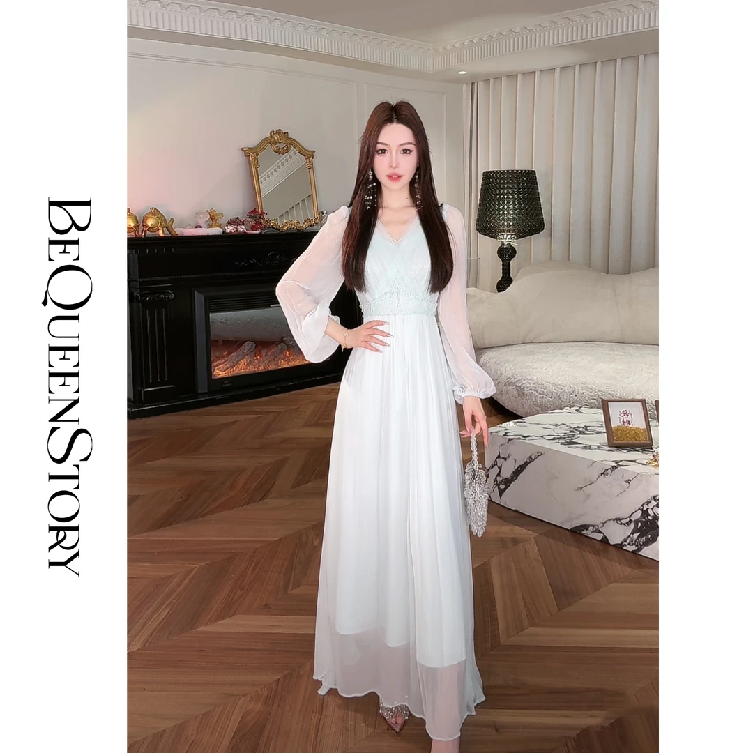 余潇潇【清风薄荷】新品朦胧浪漫蕾丝花边收腰V领连衣裙