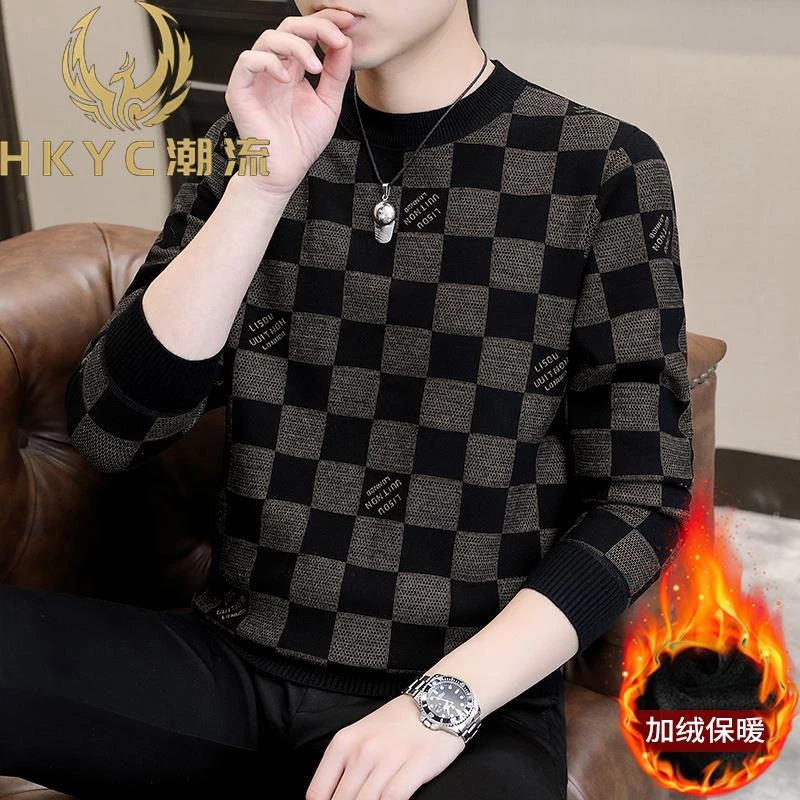 HKYC加厚男士圆领厚棉T2025秋冬季休闲格子长袖T恤保暖打底衫