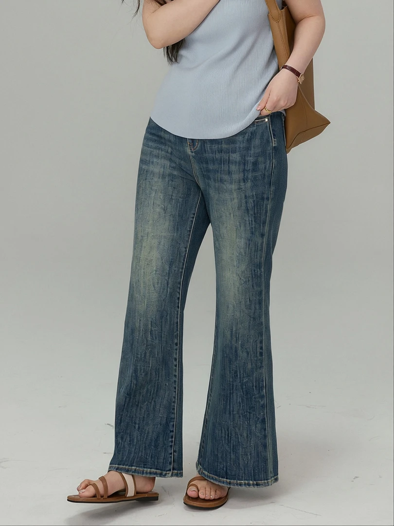 大码女装松紧高腰牛仔裤女长裤2025秋款胖mm修身显瘦微喇裤