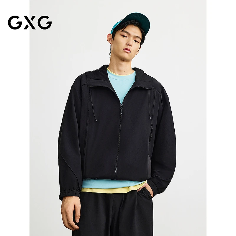 GXG男装黑色休闲时尚口袋设计连帽夹克2025年春秋新品#G25X211003