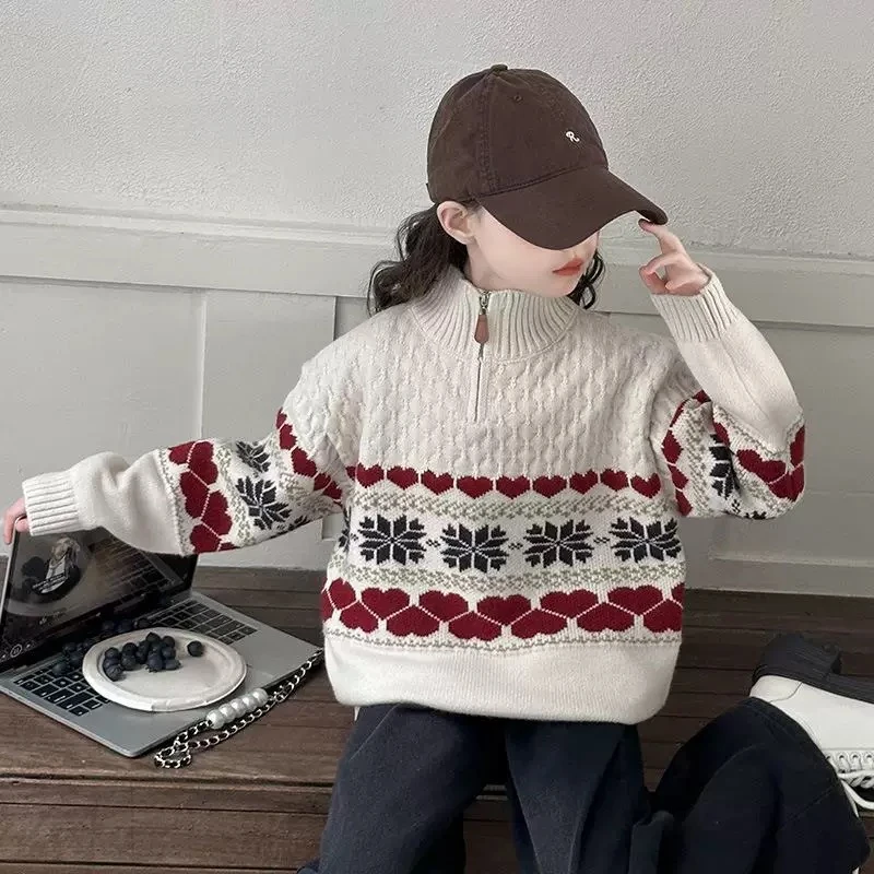 喵【亲子装】女童冬装加厚提花毛衣儿童百搭半拉链高领打底衫上衣