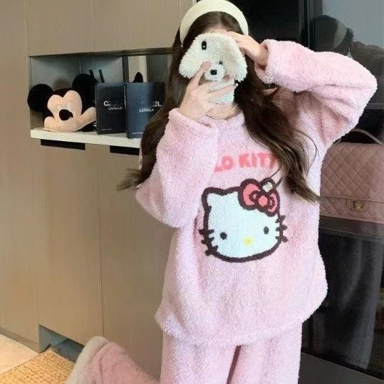 粉嫩可爱KT猫少女睡衣套装女秋冬季珊瑚绒亲肤保暖家居服可外穿L