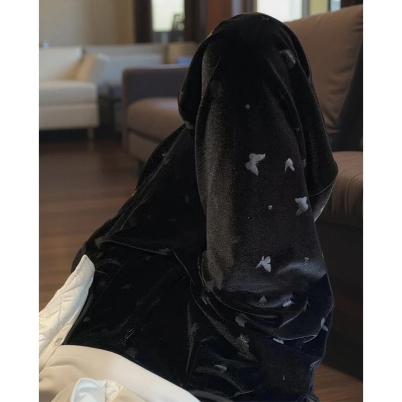 蝴蝶烫花! 加绒加厚黑色丝绒阔腿裤女冬垂坠感显瘦休闲长裤K20337