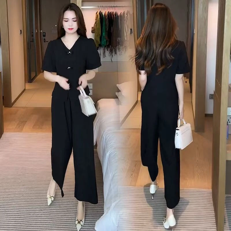 新中式时尚冰丝套装女2025夏季新款洋气显瘦盘扣短袖阔腿裤两件套