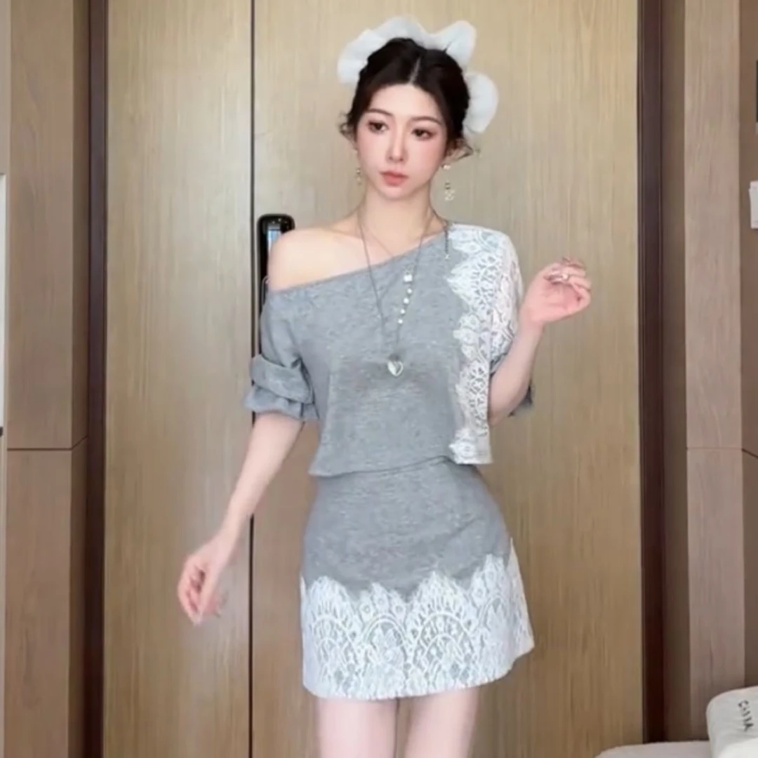 露肩蕾丝拼接上衣 半身裙短裙女时尚套装裙两件套气质韩版高级感