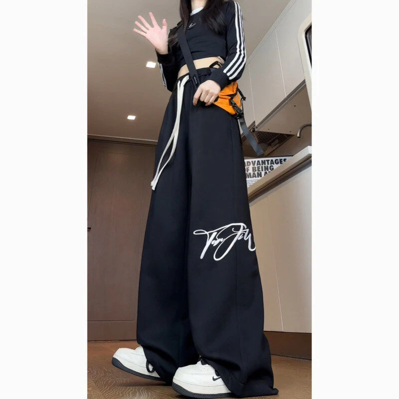 阔腿春秋裤子男女款卫裤黑色新款休闲裤刺绣卫裤美式潮流拖地长裤