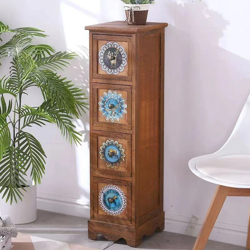 美式实木斗柜夹缝收纳柜复古彩绘客厅玄关柜卧室床头边柜子大容量