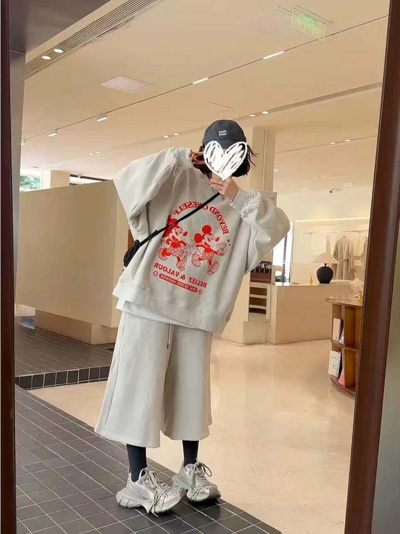 大码女装早秋慵懒风少女风休闲风时尚裤子俩两件长袖印花卫衣