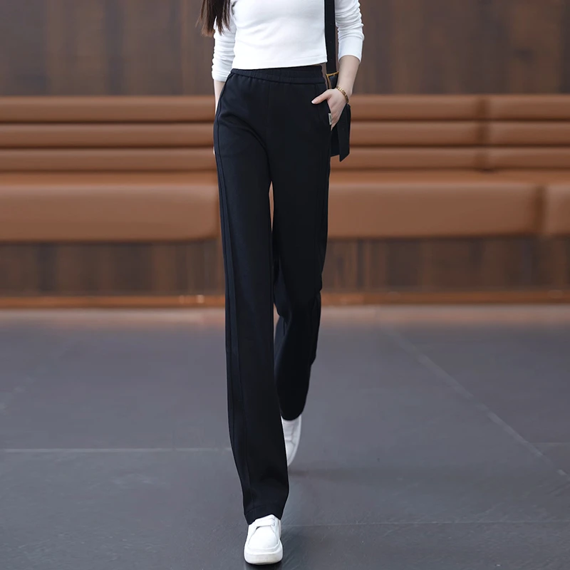 时尚窄版阔腿裤女2025春季新款高腰宽松显瘦垂感直筒运动休闲卫裤