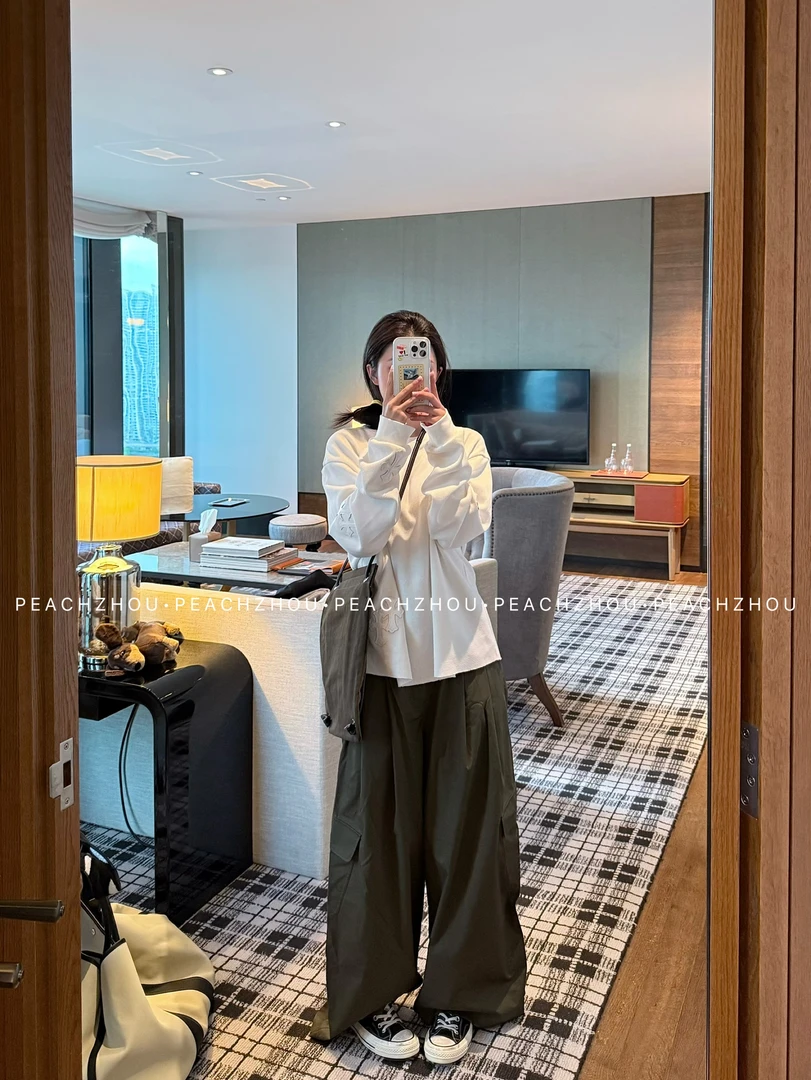 『PEACHZHOU』压褶斜大口袋轻薄宽松休闲气球工装裤松紧腰阔腿长裤