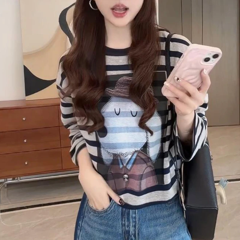 时尚宽松慵懒风条纹小狗T恤女士2025秋季新款显瘦高级感百搭上衣