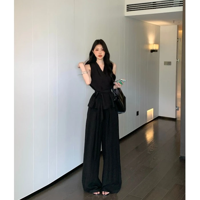 御姐高级感套装气质绑带修身无袖背心女夏季休闲阔腿裤黑色两件套