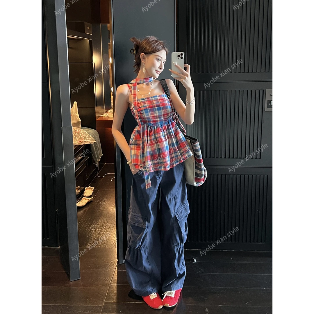 AYOBE小贤/西瓜绵冰 纯欲复古感飘带设计格纹撞色甜美吊带夏背心
