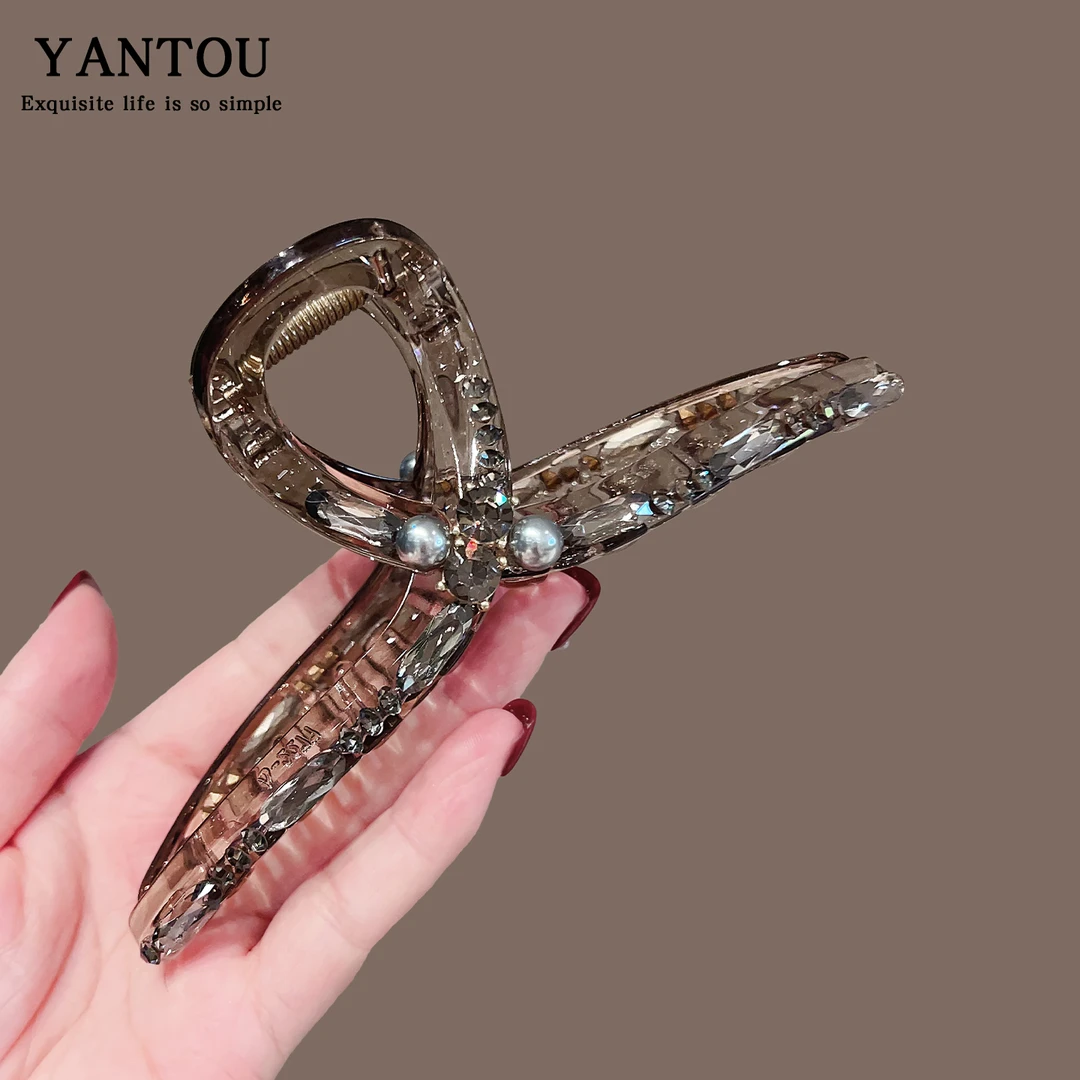 韩国百搭简约闪耀珍珠闪钻交叉精致鲨鱼夹后脑勺盘发抓夹