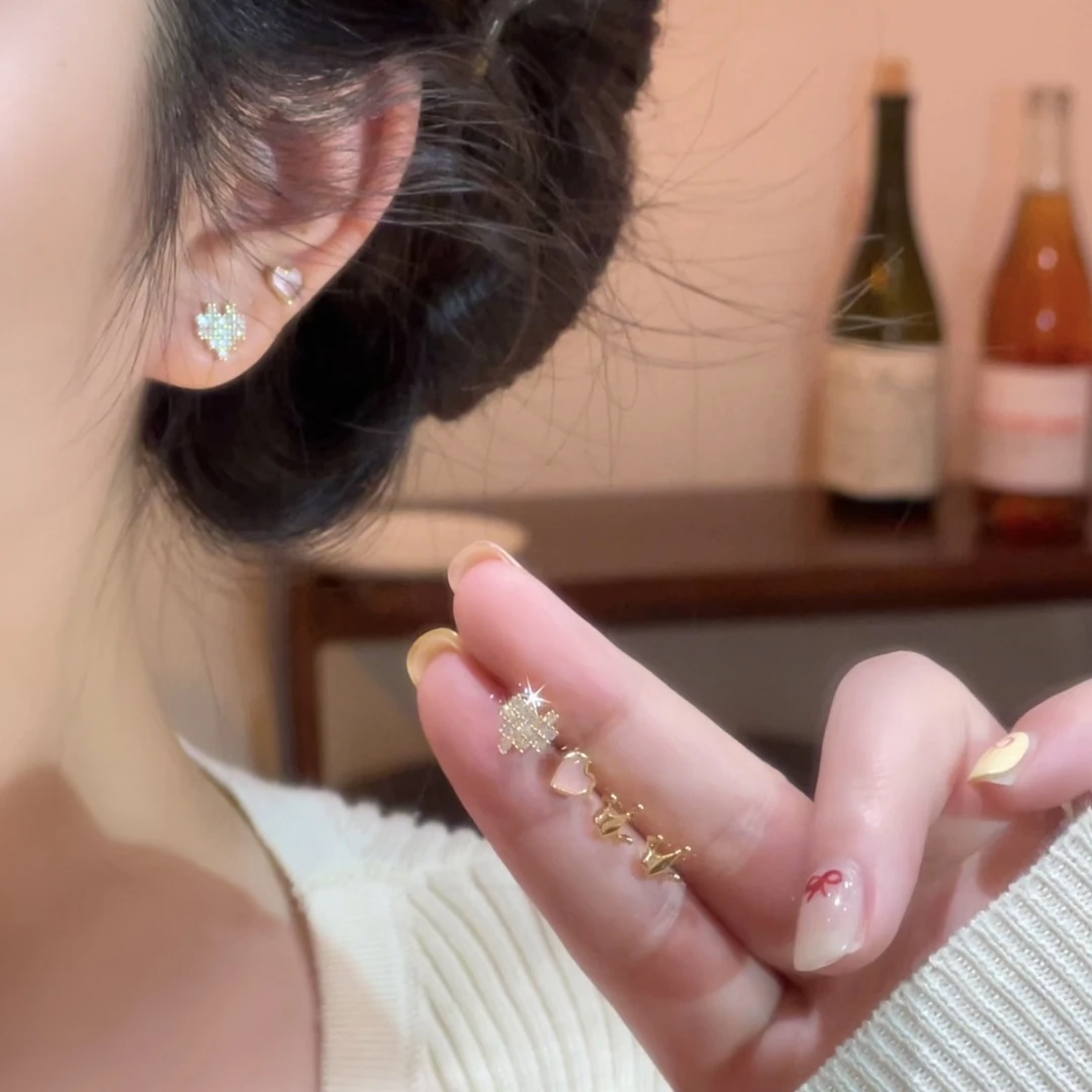 F243爱心皇冠耳钉六件套高级百搭小众温柔气质个性