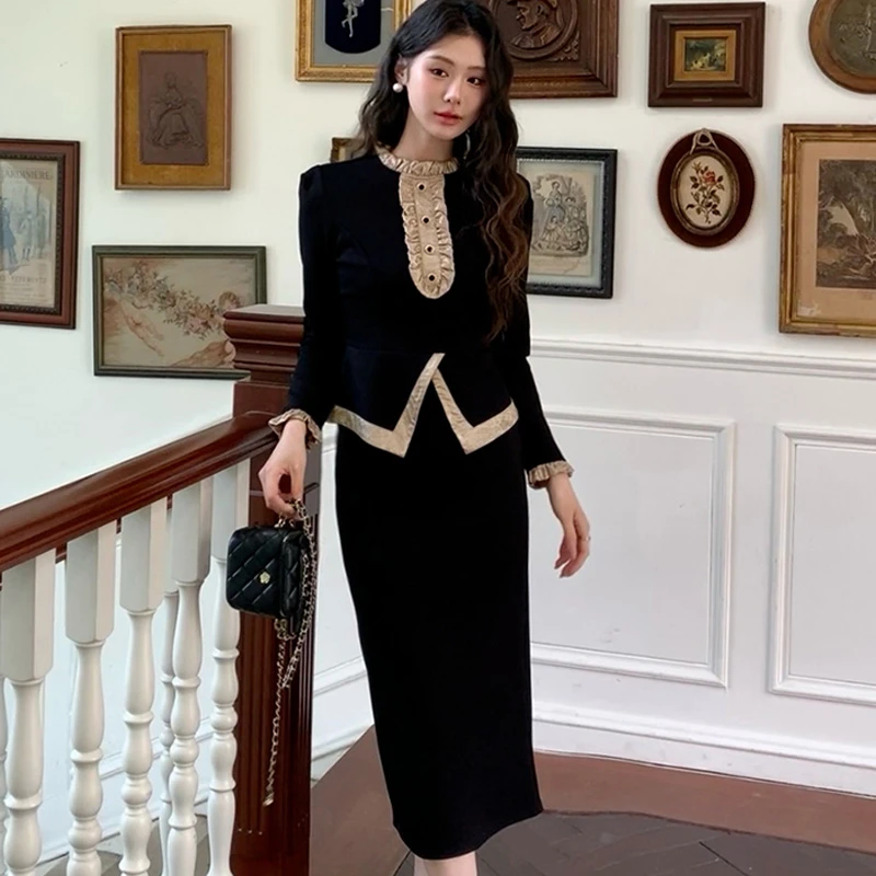 法式复古小香风套装名媛气质黑色赫本风半身裙两件套2025春季新款