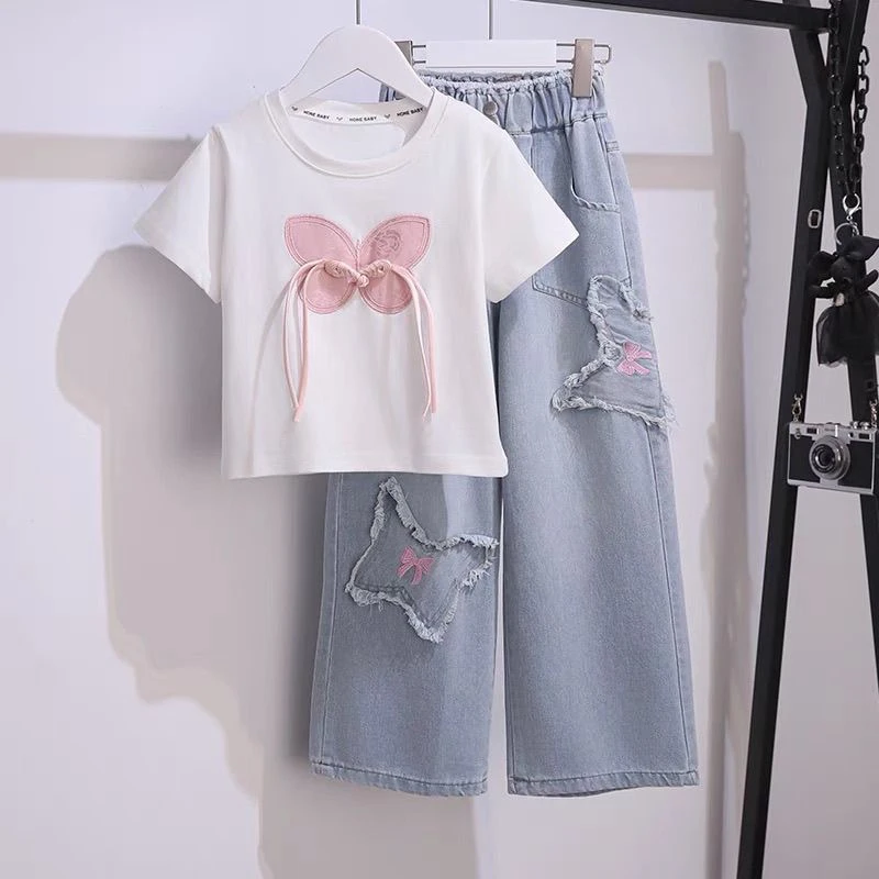 女童国风纯棉短袖t恤两件套夏季2025新款儿童牛仔阔腿裤套装夏装