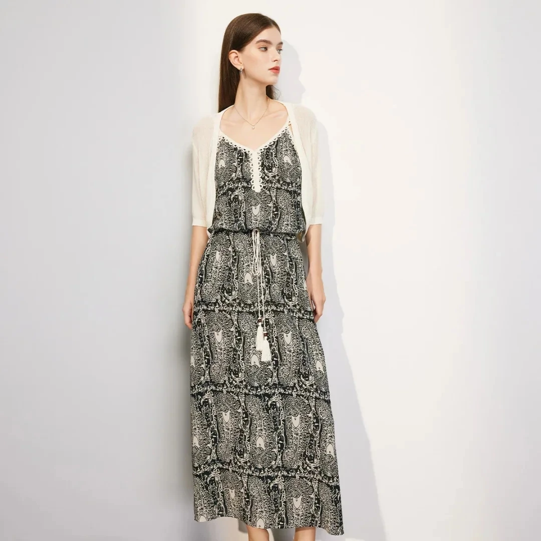 D180 针织防晒披肩上衣+海边度假沙滩裙碎花连衣裙波西米亚长裙女