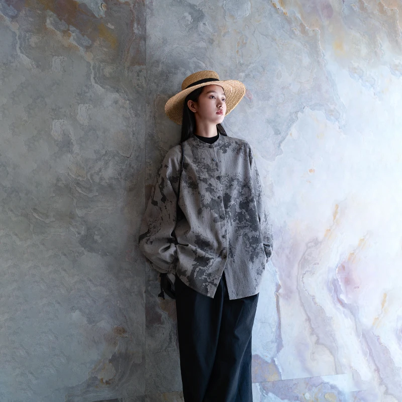 言作冬新品中式手工炒色宝相花纹全棉中长衬衫外套 此间的流浪 三