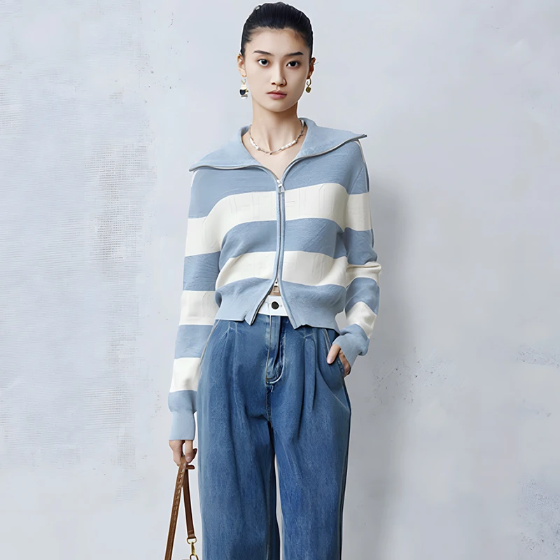 42207【M系列】条纹翻领针织开衫C2D1026079