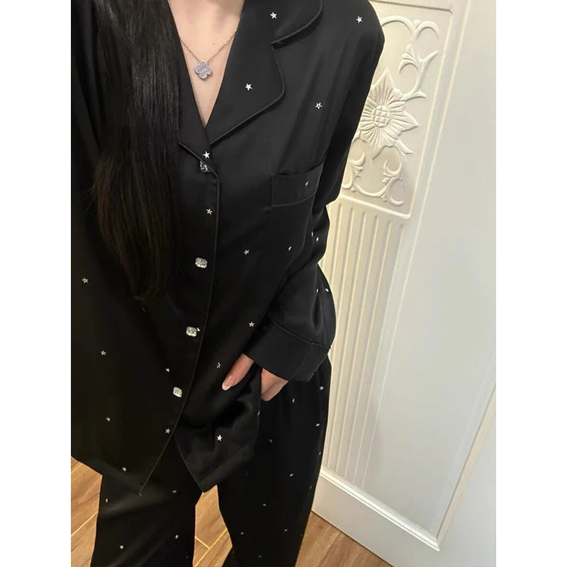 【星星碎花】法式冰丝缎面睡衣女春夏季舒适亲肤长袖长裤家居服套装