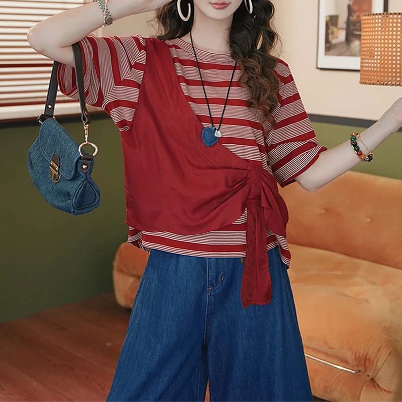 韩版时尚一整套女2025夏季复古短袖T恤休闲纯色轻薄阔腿裤两件套