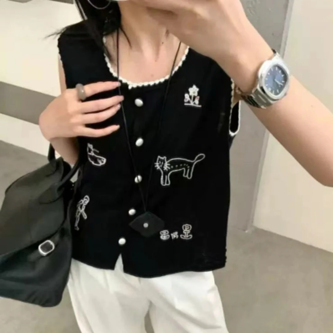 重工刺绣猫和鱼圆领休闲无袖马甲女爆款别致百搭条纹t恤女黑色