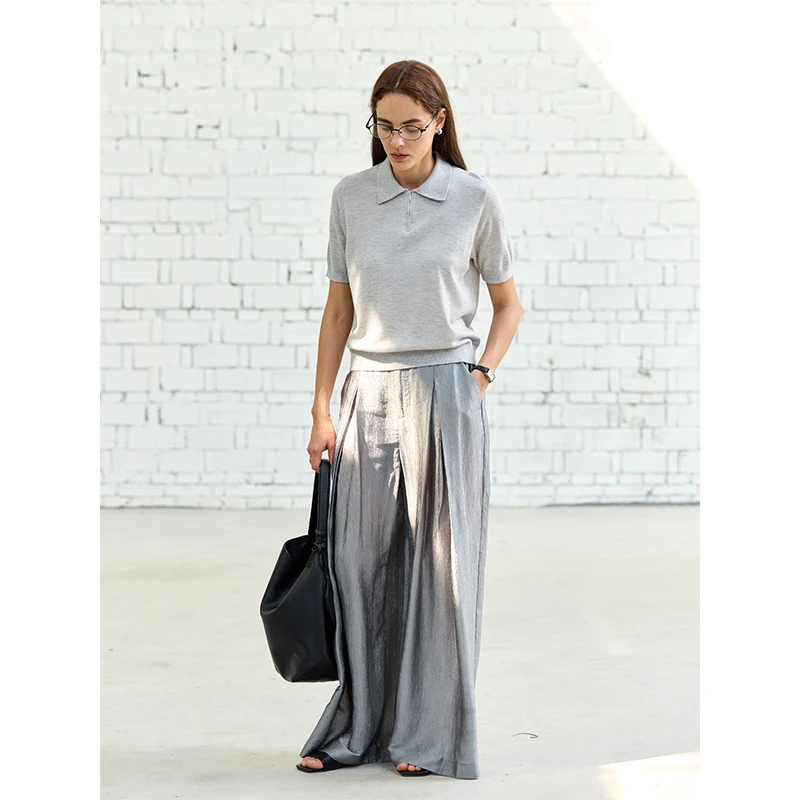 CHALAMON夏拉蒙 绵羊毛混纺短袖针织衬衫女夏季经典polo领短上衣