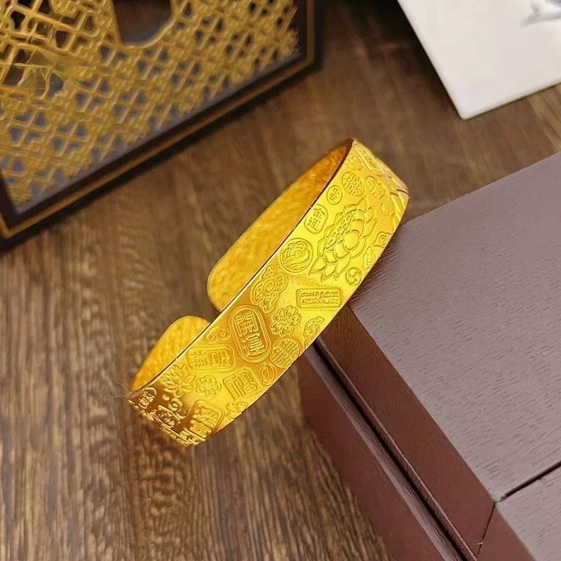 钨合金手镯 女款古法镯子哑光实心磨砂FXW-6010开口吉言莲花手镯