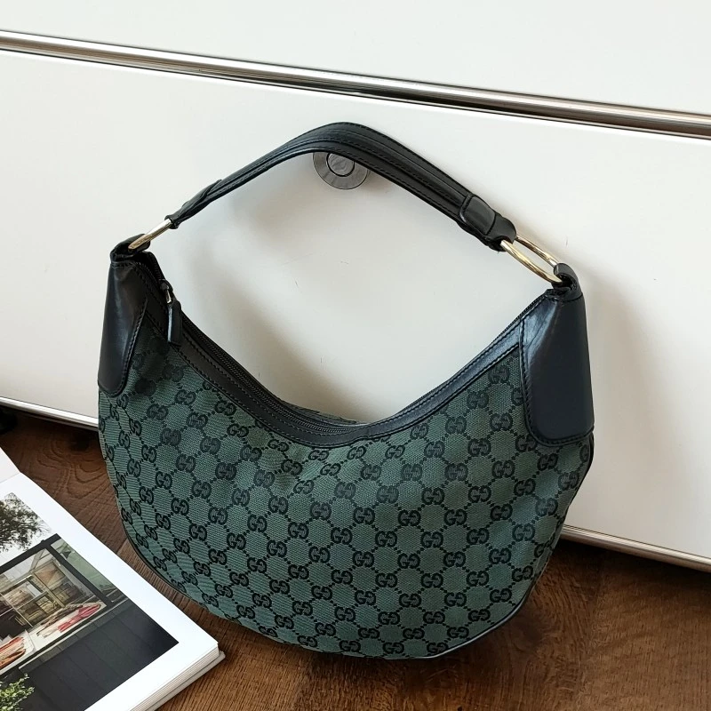 95新 GUCCI/古驰 Azul-墨绿色布面老花拼皮腋下包50073