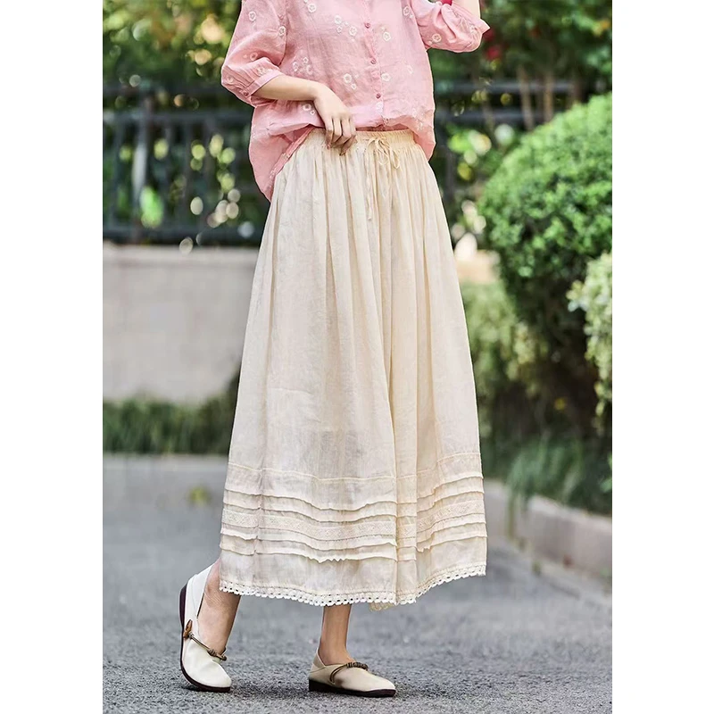 复古双层苎麻松紧腰系带半身裙女夏文艺宽松百搭显瘦气质长裙