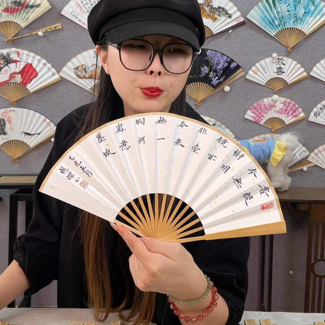 国画6寸玉竹-纯手绘-文玩扇骨（默认粘好）
