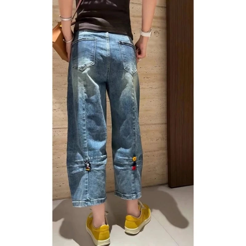 欧货牛仔裤子女2025春夏新款潮流时尚米奇扣子宽松显瘦八分阔腿裤