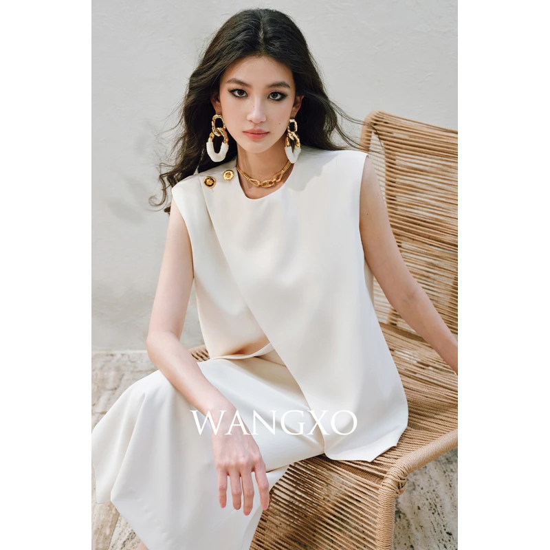 WANGXO  夏季不规则无袖马甲上衣+半裙231303Y-2