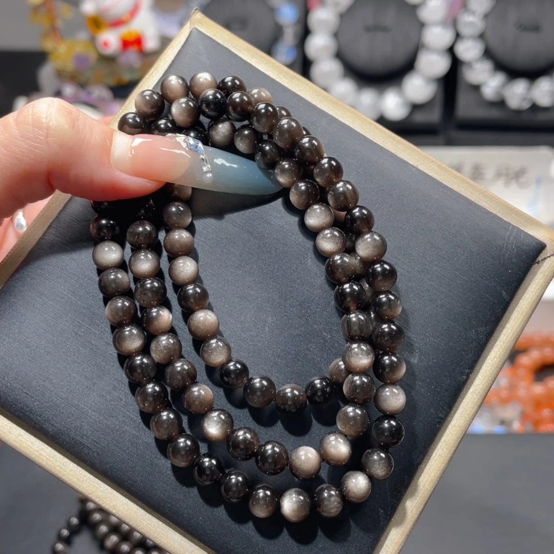 北***༣黑曜岩合金手链多圈银曜石6mm