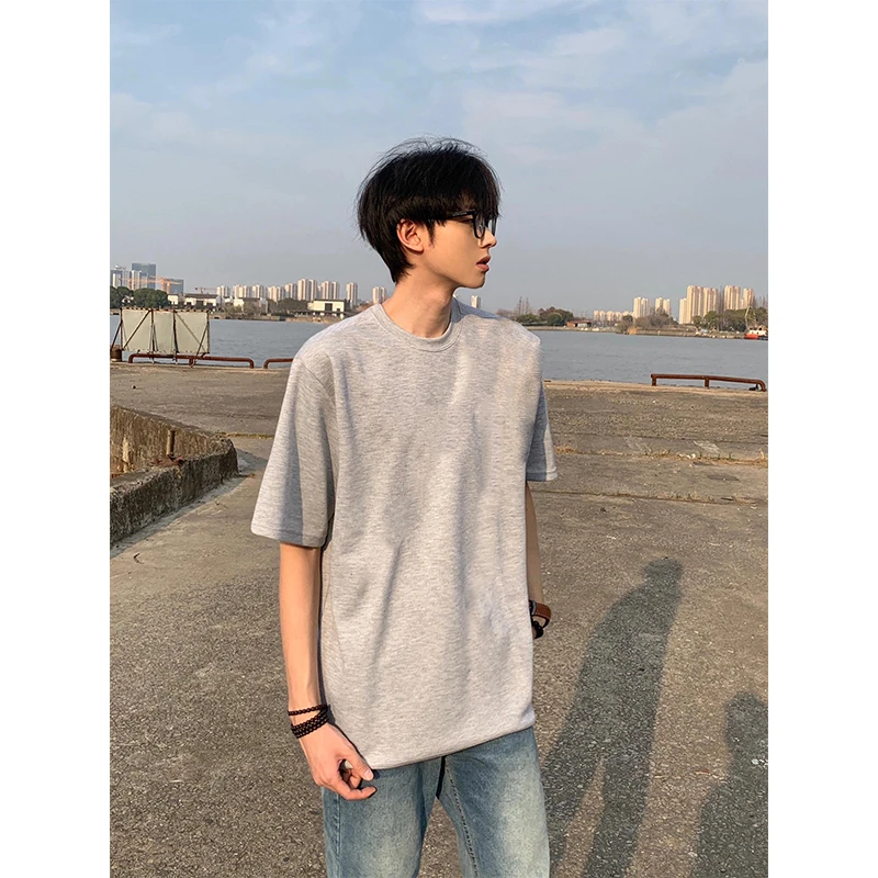 浅灰色精梳纯棉重磅T恤男夏季小领口螺纹短袖美式复古正肩半截袖