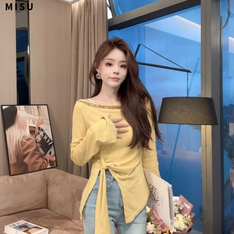 MISU/糜素春季新款长袖打底衫烫钻修身不规则纯欲风夏季百搭T恤女