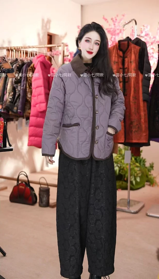菱形格紫色百搭显瘦棉服女款拼接翻领小香风轻薄棉衣外套冬季保暖