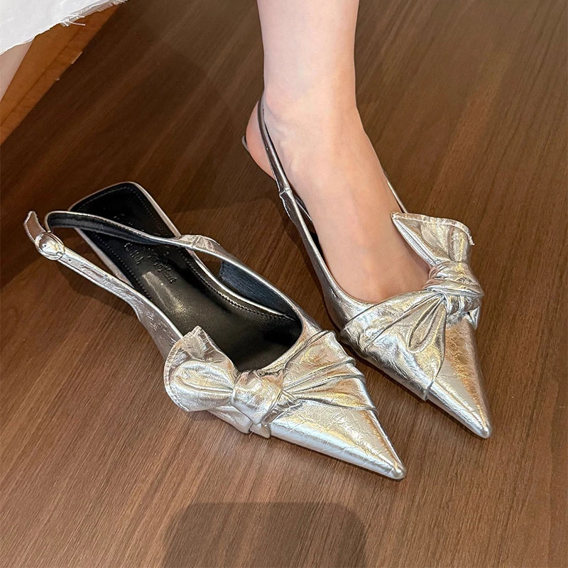 银色法式高跟鞋包头细跟凉鞋仙女风2025春夏季蝴蝶结配裙子单鞋女