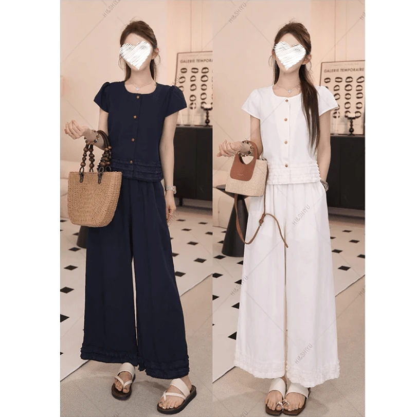 【悸动时刻】韩系设计感大码胖MM花边短袖小衫+松紧腰直筒裤套装