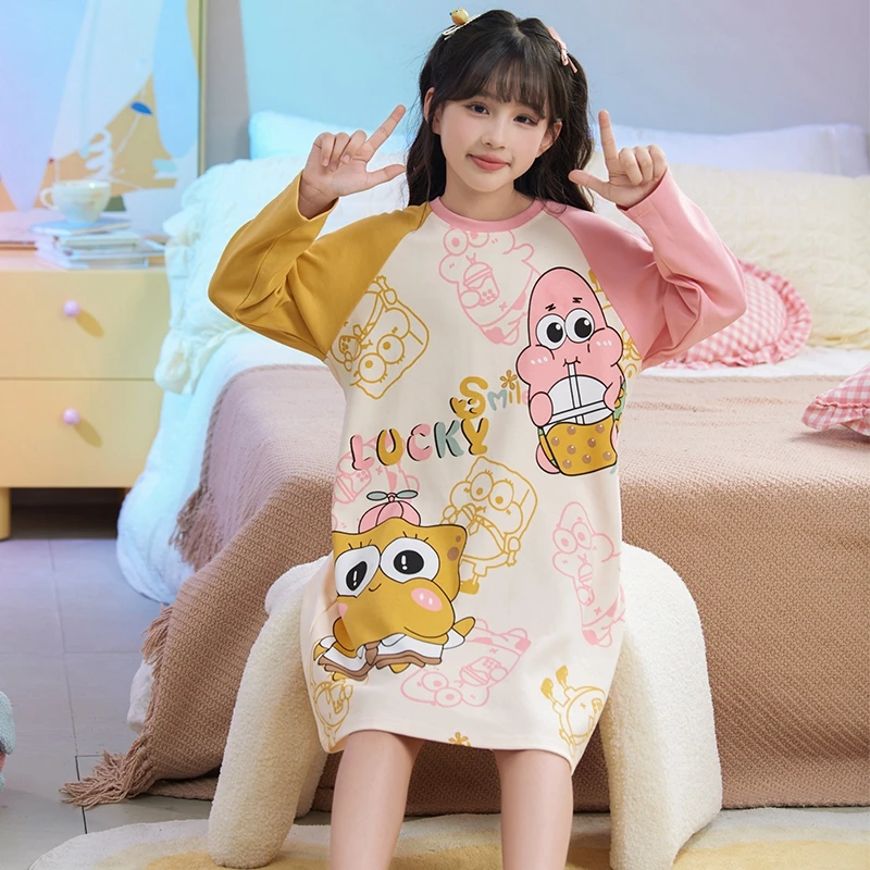 儿童睡裙女孩春秋款纯棉长袖中大童女童薄款卡通连衣裙小学生长款