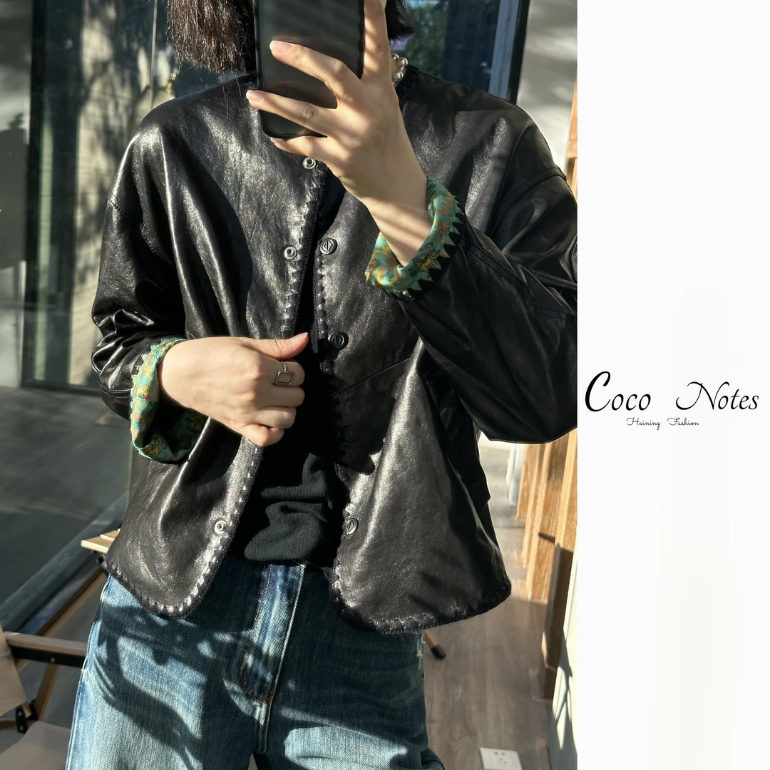 COCO NOTES 26835新款油蜡绵羊皮两面穿新中式皮衣夹克外套女