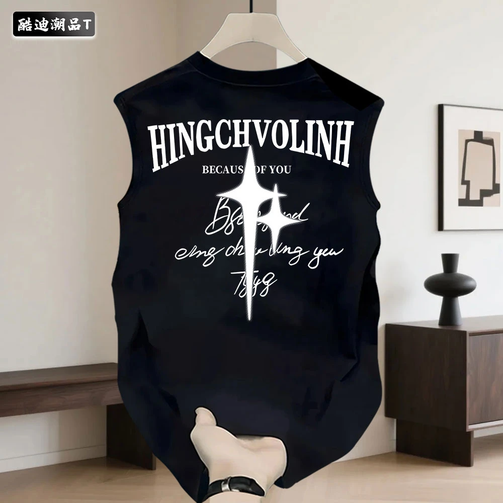 新款复古个性港风百搭男女圆领坎肩纯棉宽松无袖背心百搭运动休闲