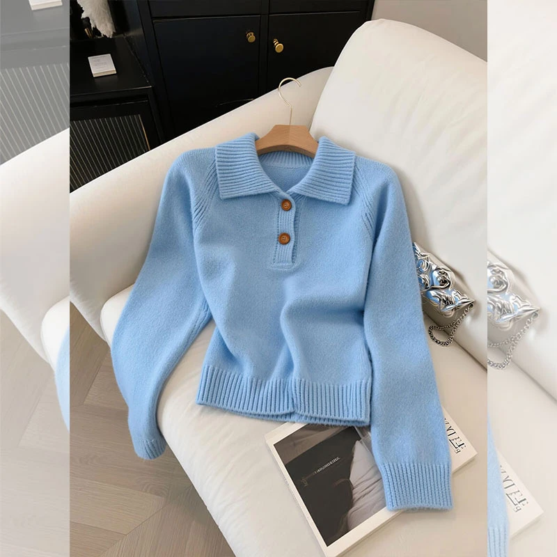 翻领POLO衫针织衫毛衣女时尚百搭气质轻熟风上衣法式独特漂亮小衫