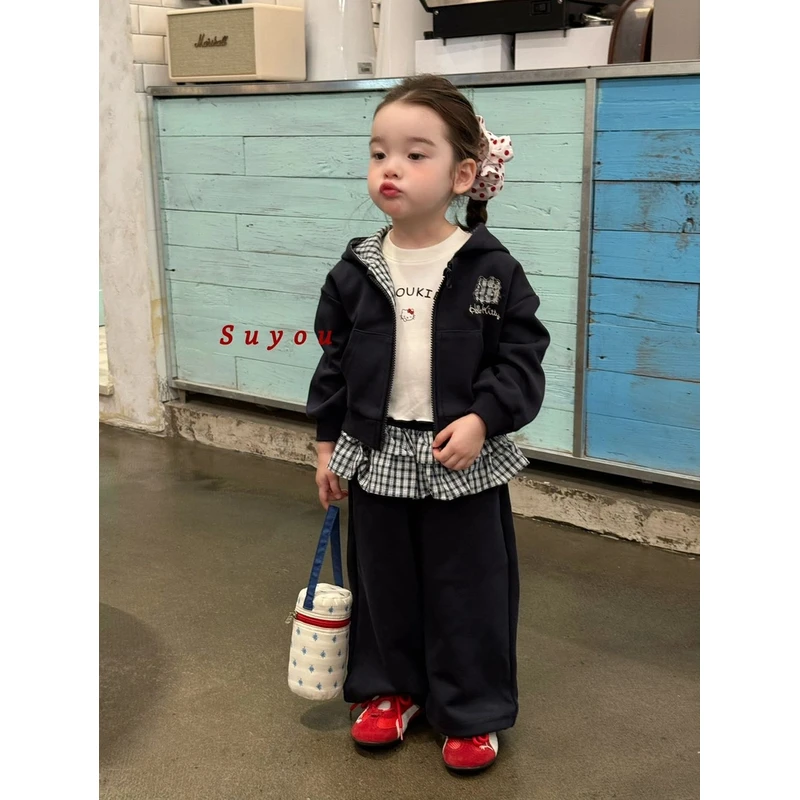 女童卫衣套装2025秋季新款连帽外套格子屁帘裤两件套韩版休闲时髦