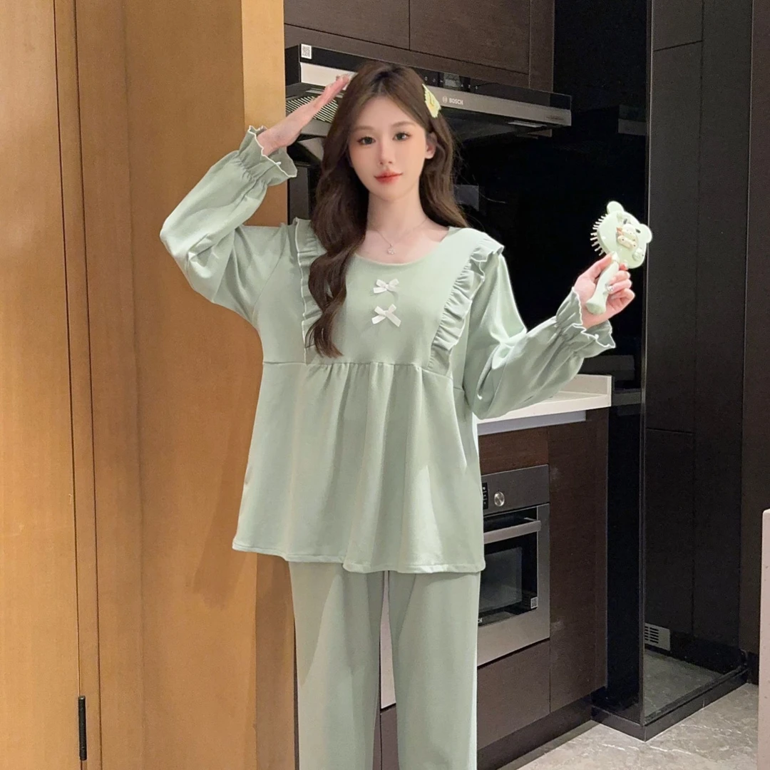 秋冬季常规款长袖休闲甜美可爱宽松大码德绒睡衣女家居服套装时尚