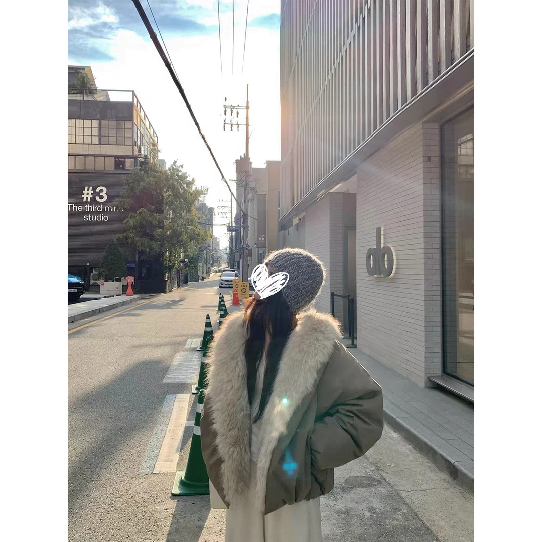 温暖对白 定染毛领可拆派克服女冬季新款加厚保暖宽松蓬蓬外套