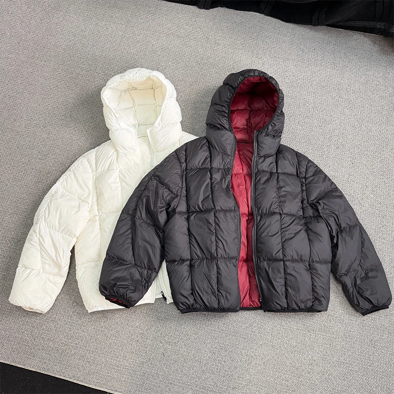JCW冬季黑红撞色羽绒服情侣款加厚保暖90鸭绒羽绒连帽外套男女
