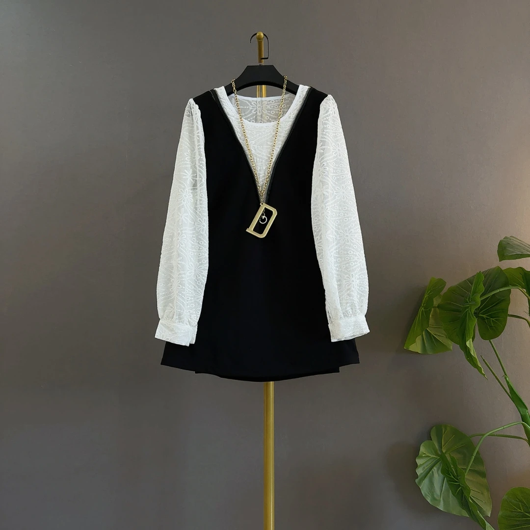 胖mm韩版时尚撞色拼接设计感减龄假俩件长袖遮肚显瘦大码女装上衣